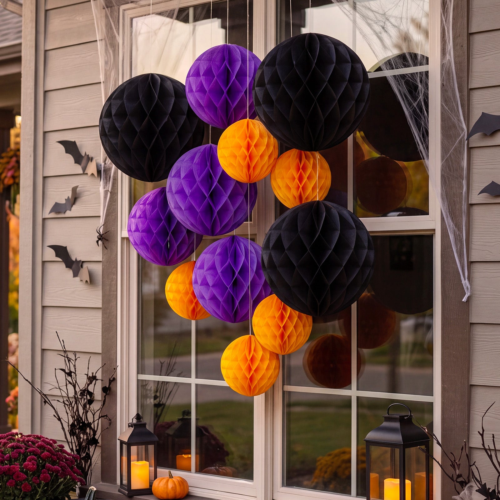 Wrapables Halloween Honeycomb Ball Party Decorations for Parties, Weddings, Birthdays, Baby Showers (Set of 12), Orange, Purple, Black