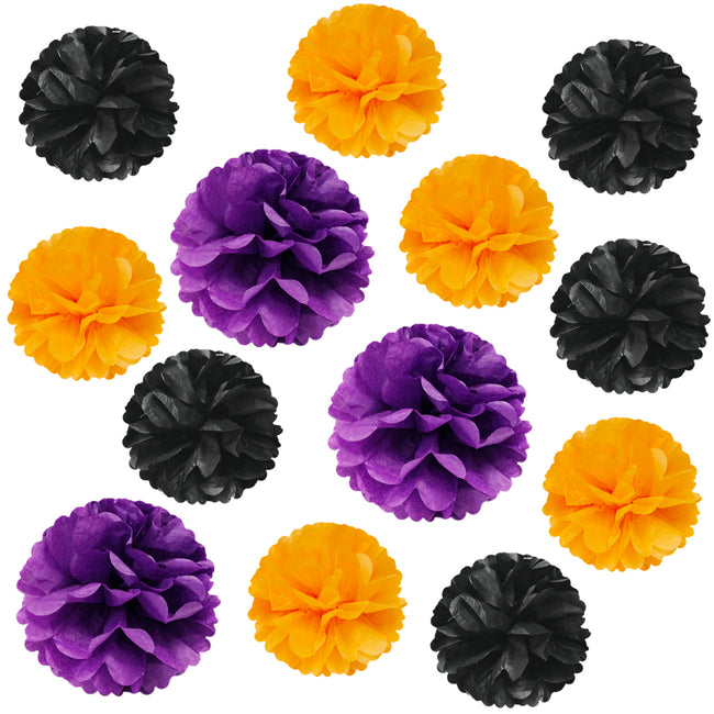 Wrapables Halloween Pom Pom Party Decorations for Parties, Weddings, Birthdays, Baby Showers (Set of 13), Orange, Black, Purple