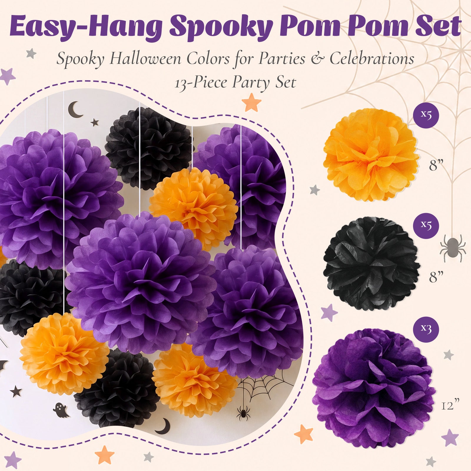 Wrapables Halloween Pom Pom Party Decorations for Parties, Weddings, Birthdays, Baby Showers (Set of 13), Orange, Black, Purple