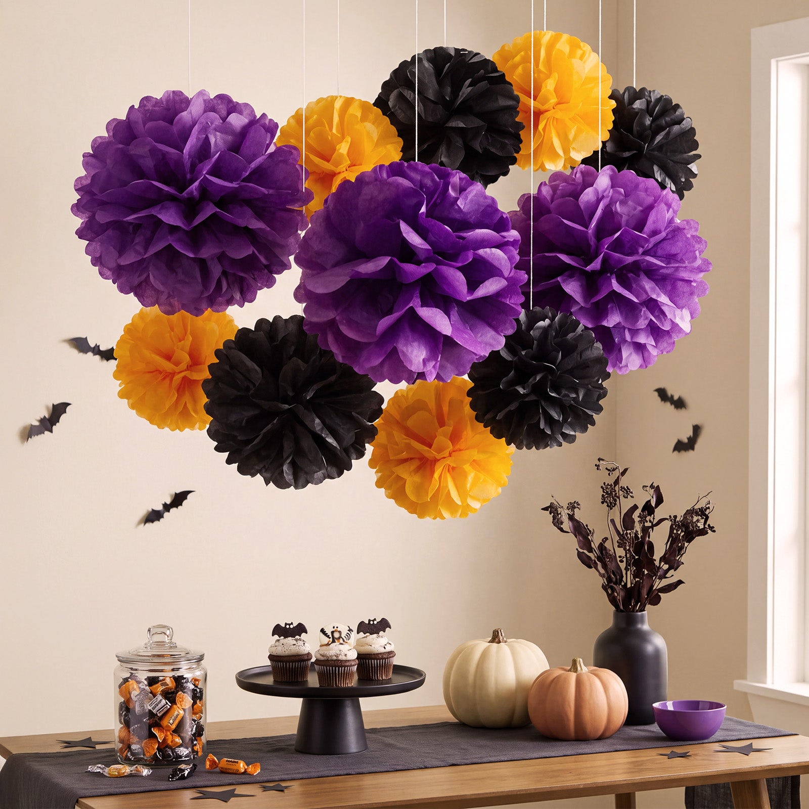 Wrapables Halloween Pom Pom Party Decorations for Parties, Weddings, Birthdays, Baby Showers (Set of 13), Orange, Black, Purple