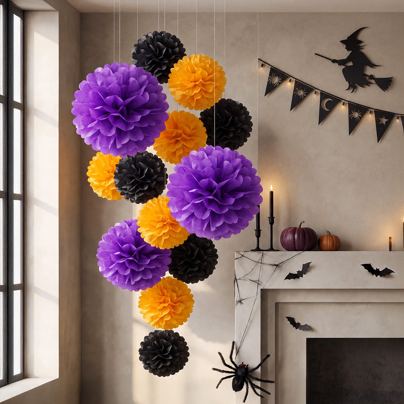 Wrapables Halloween Pom Pom Party Decorations for Parties, Weddings, Birthdays, Baby Showers (Set of 13), Orange, Black, Purple