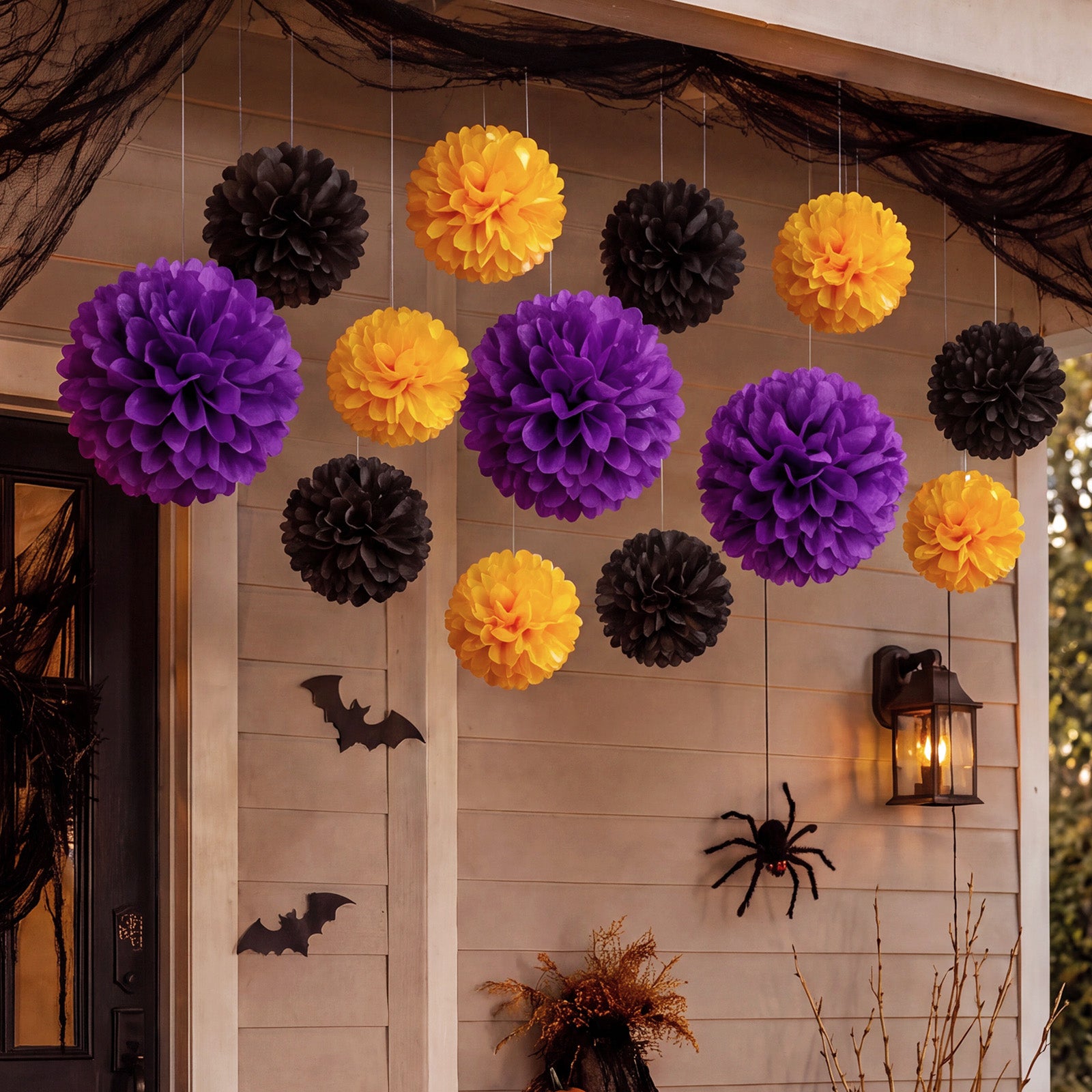 Wrapables Halloween Pom Pom Party Decorations for Parties, Weddings, Birthdays, Baby Showers (Set of 13), Orange, Black, Purple