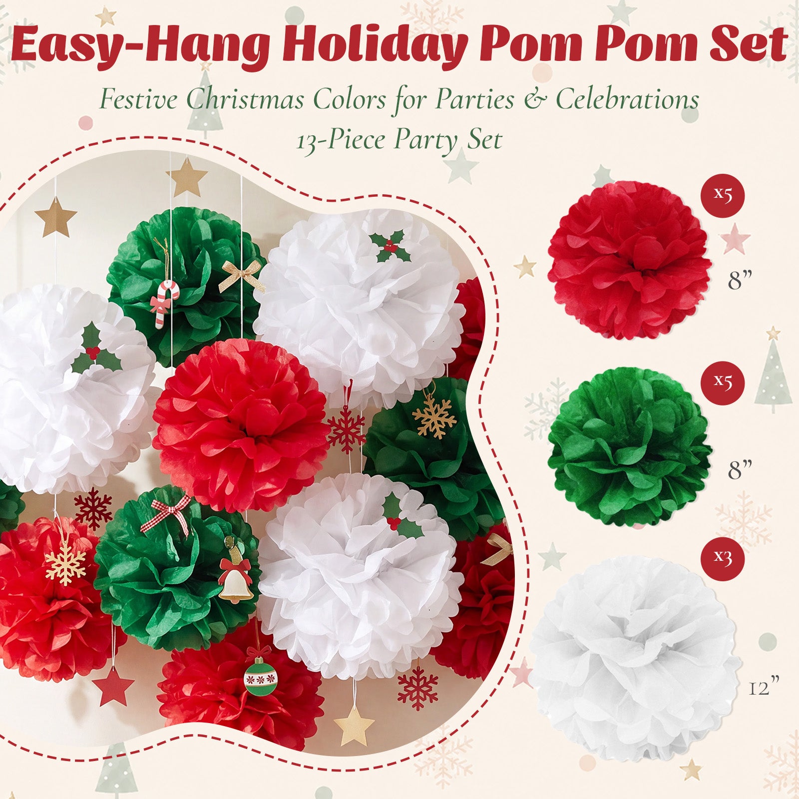 Wrapables Christmas Pom Pom Party Decorations for Xmas, Winter, Holidays, Weddings, Birthdays, Baby Showers (Set of 13), Red, Green, White