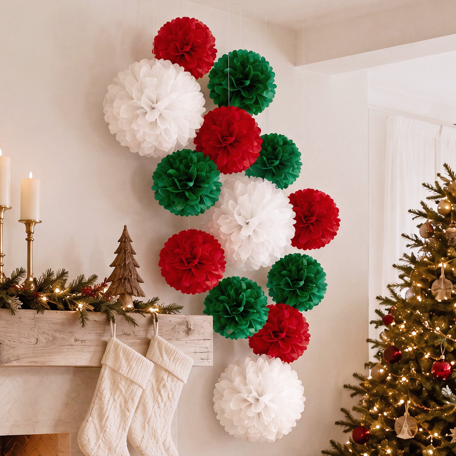 Wrapables Christmas Pom Pom Party Decorations for Xmas, Winter, Holidays, Weddings, Birthdays, Baby Showers (Set of 13), Red, Green, White