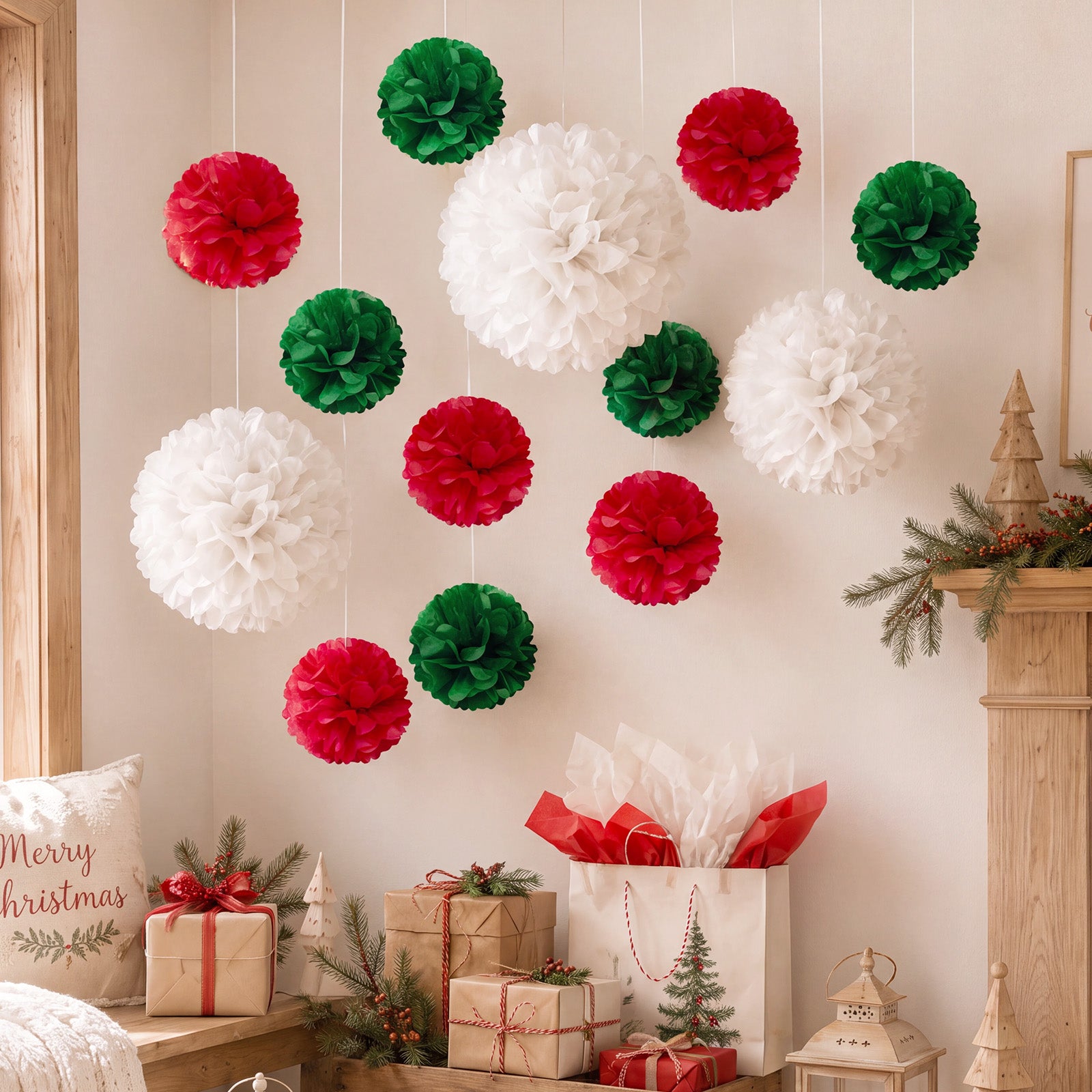 Wrapables Christmas Pom Pom Party Decorations for Xmas, Winter, Holidays, Weddings, Birthdays, Baby Showers (Set of 13), Red, Green, White