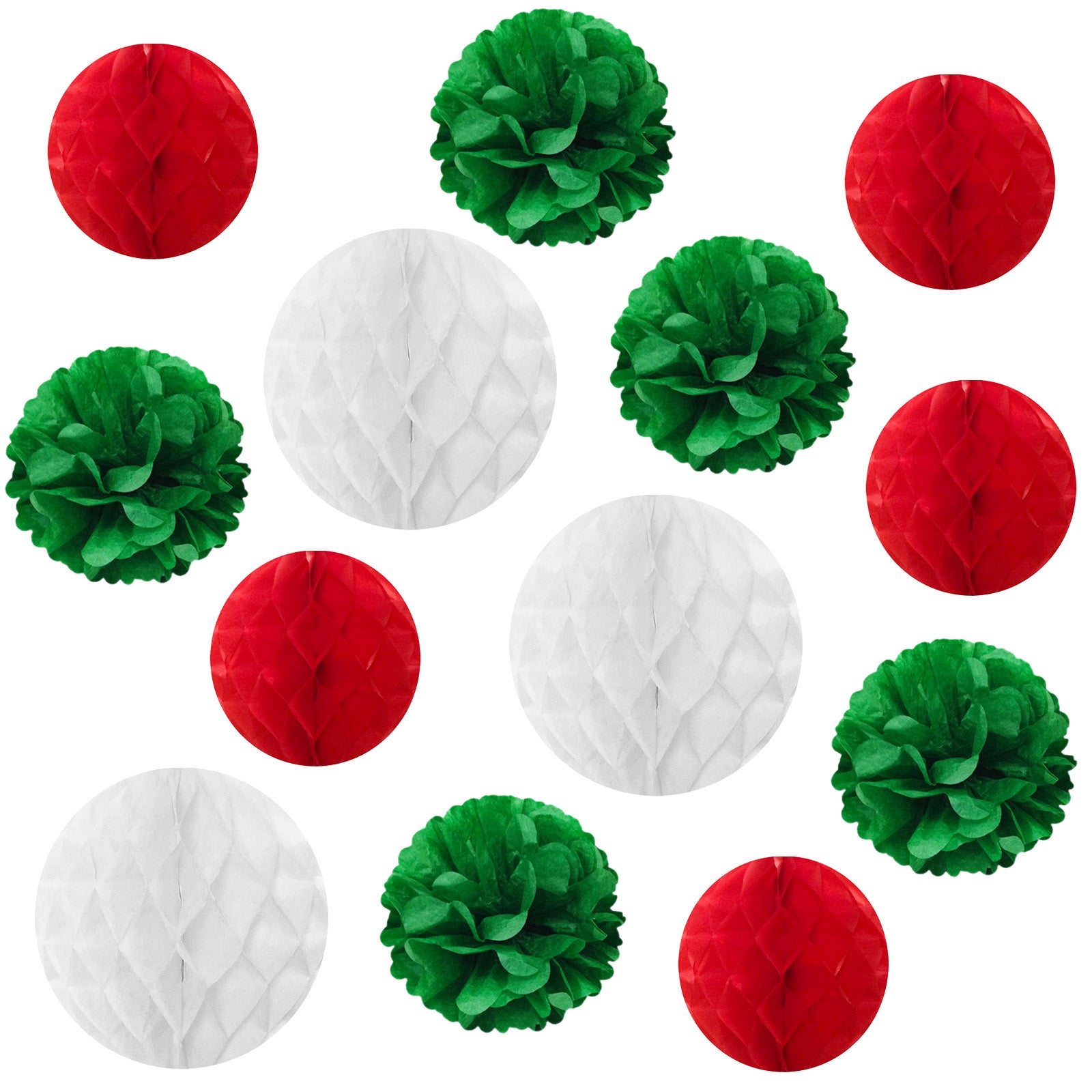 Wrapables Christmas Pom Pom and Honeycomb Ball Party Decorations for Xmas, Winter, Holidays, Weddings, Birthdays (Set of 13), Red, Green, White