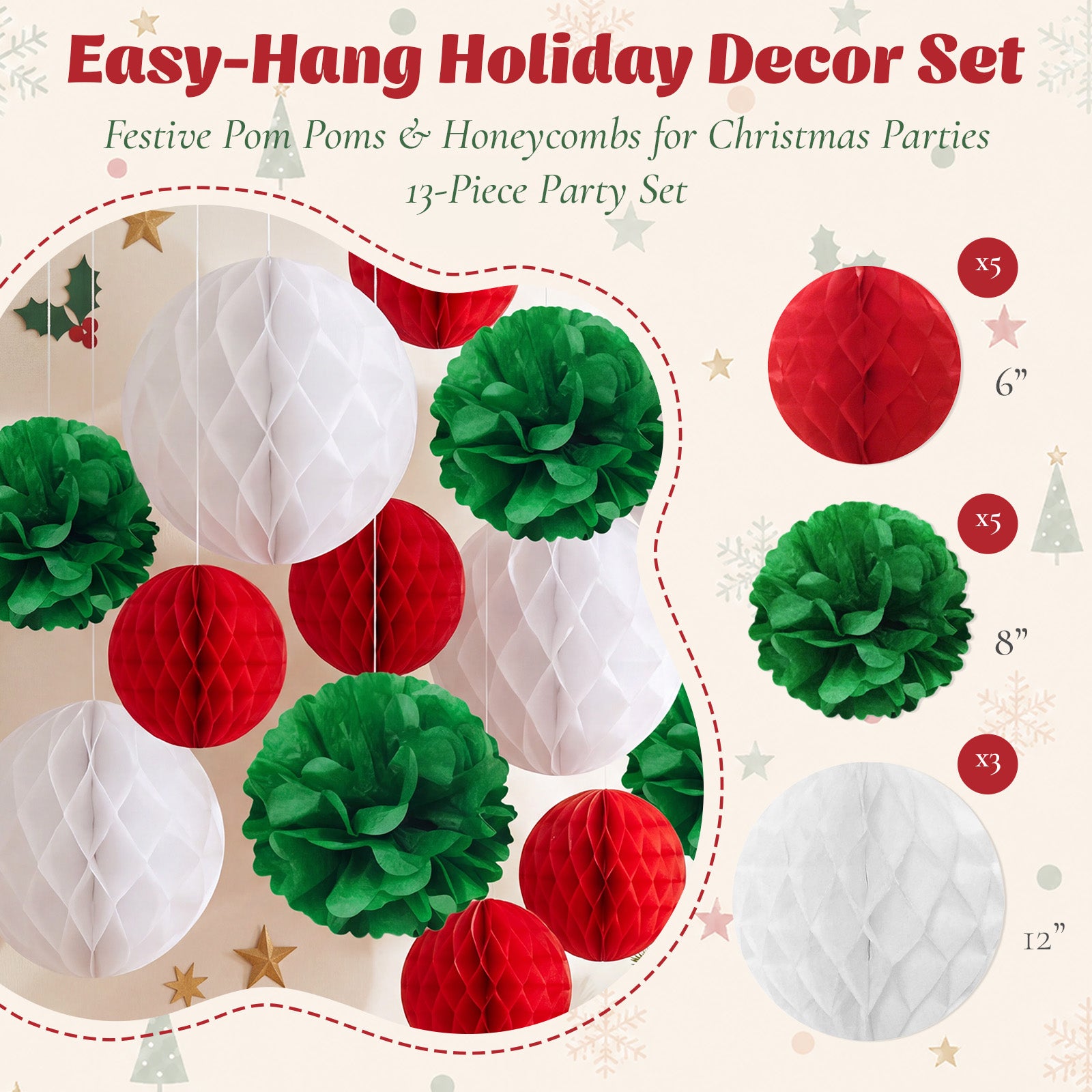 Wrapables Christmas Pom Pom and Honeycomb Ball Party Decorations for Xmas, Winter, Holidays, Weddings, Birthdays (Set of 13), Red, Green, White