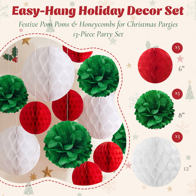 Wrapables Christmas Pom Pom and Honeycomb Ball Party Decorations for Xmas, Winter, Holidays, Weddings, Birthdays (Set of 13), Red, Green, White