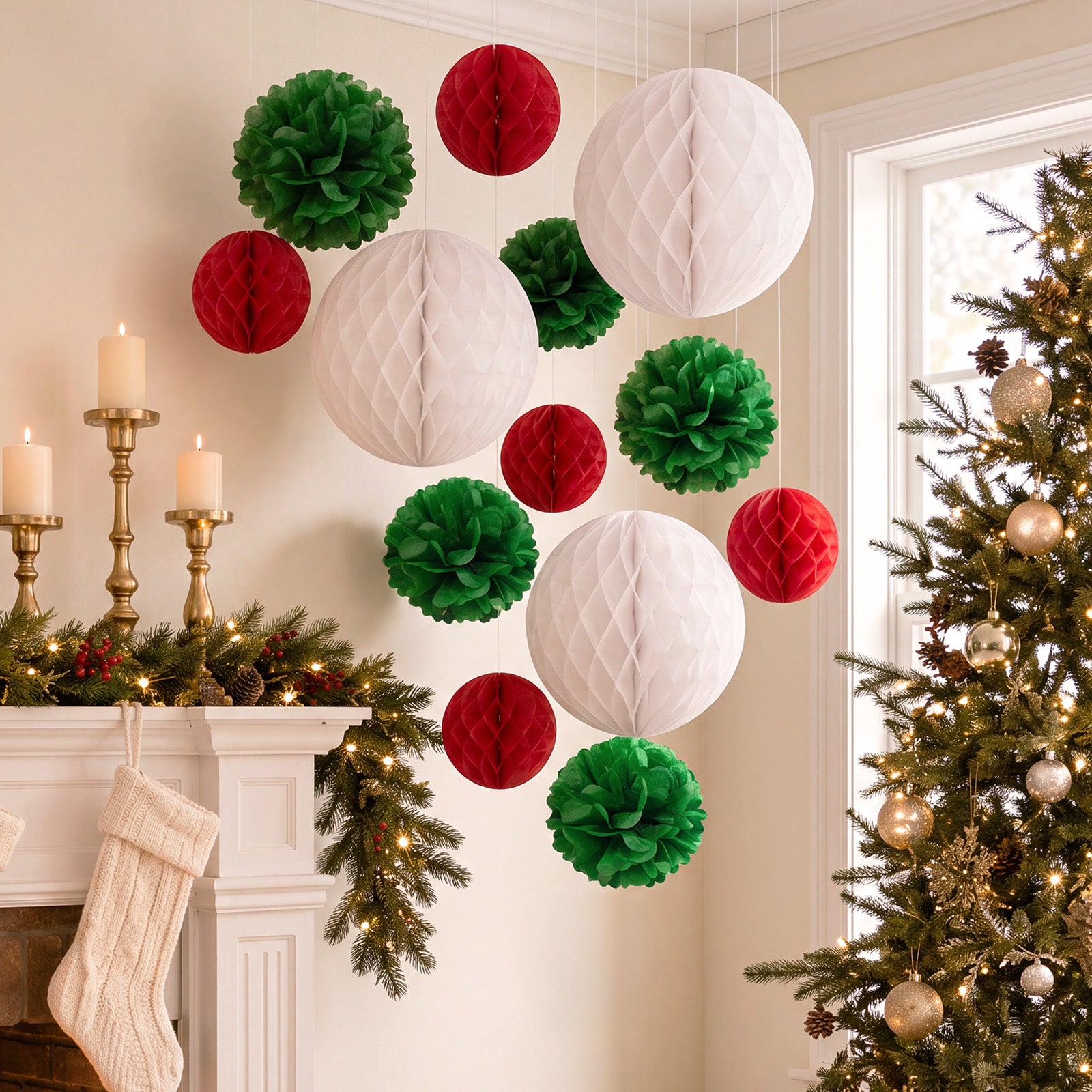 Wrapables Christmas Pom Pom and Honeycomb Ball Party Decorations for Xmas, Winter, Holidays, Weddings, Birthdays (Set of 13), Red, Green, White