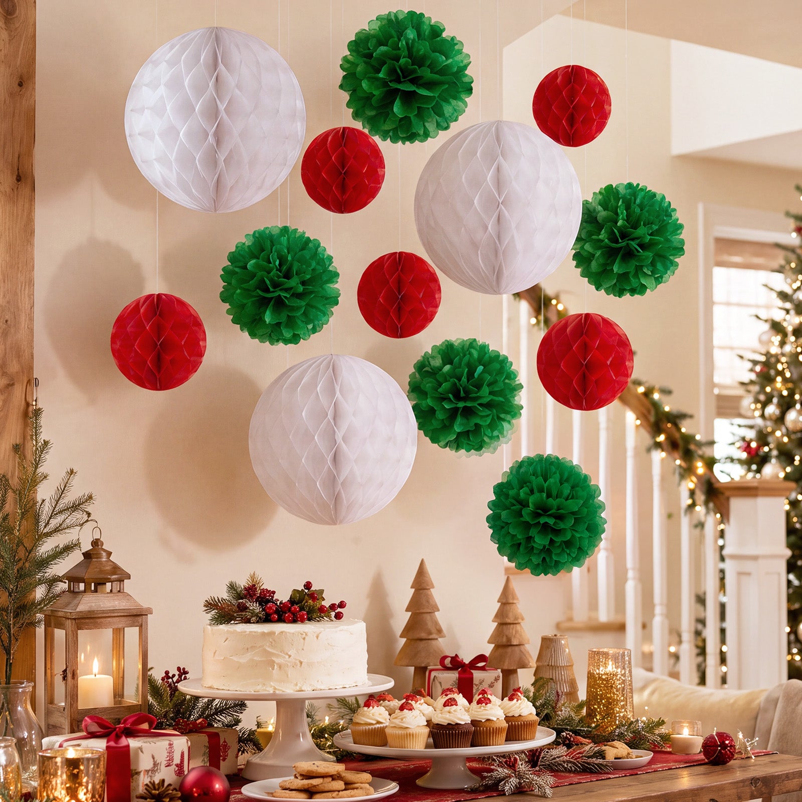 Wrapables Christmas Pom Pom and Honeycomb Ball Party Decorations for Xmas, Winter, Holidays, Weddings, Birthdays (Set of 13), Red, Green, White