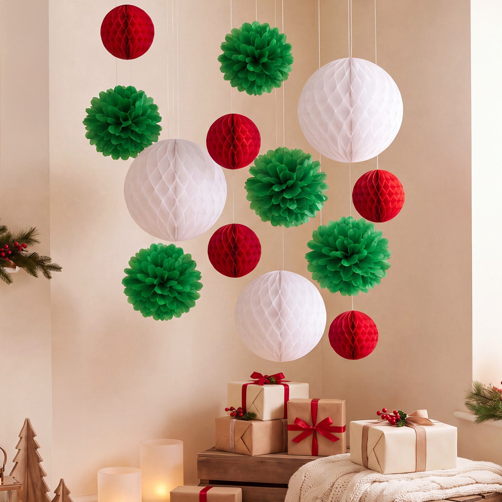 Wrapables Christmas Pom Pom and Honeycomb Ball Party Decorations for Xmas, Winter, Holidays, Weddings, Birthdays (Set of 13), Red, Green, White