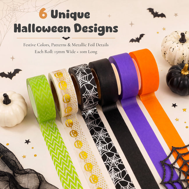 Wrapables Halloween Washi Tape for Scrapbooking, Stationery, Diary, Card Making (Set of 6), Cobwebs and Jack-O-Lantern