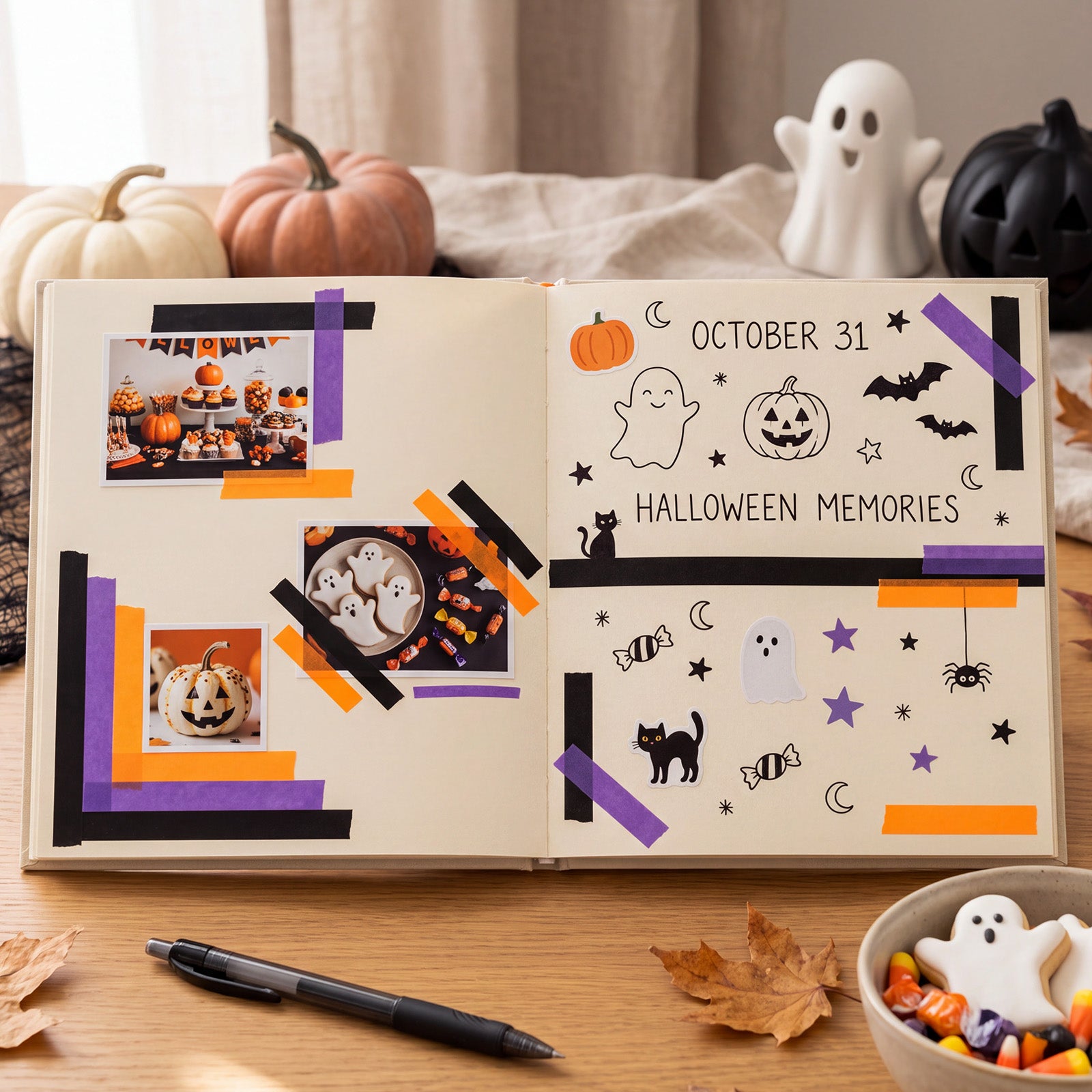 Wrapables Halloween Washi Tape for Scrapbooking, Stationery, Diary, Card Making (Set of 3), Orange, Purple, Black