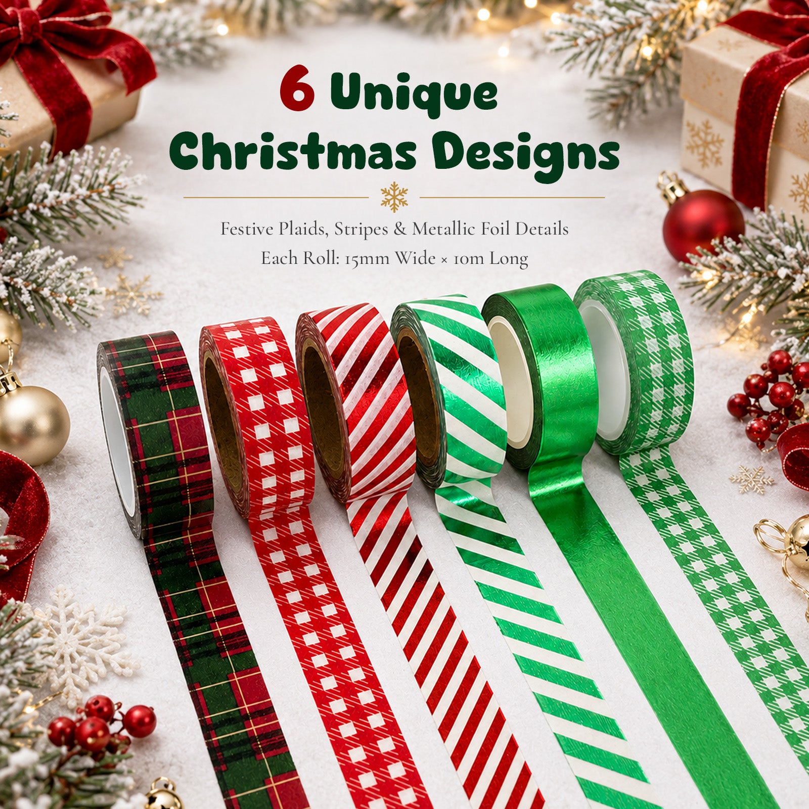 Wrapables Plaid and Metallic Stripes Christmas Holiday Washi Tape for DIY, Arts and Crafts, Scrapbooks, Journals, Gift Wrapping (Set of 6)