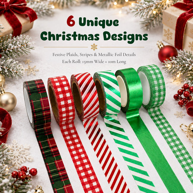 Wrapables Plaid and Metallic Stripes Christmas Holiday Washi Tape for DIY, Arts and Crafts, Scrapbooks, Journals, Gift Wrapping (Set of 6)