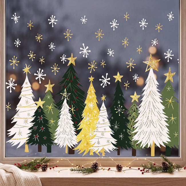 Wrapables Large Christmas Window Clings Decal Stickers, Xmas Winter Decoration for Glass Windows, (6 Sheets) Gold and Green Trees