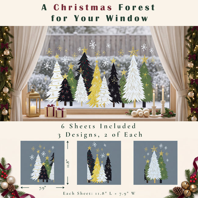 Wrapables Large Christmas Window Clings Decal Stickers, Xmas Winter Decoration for Glass Windows, (6 Sheets) Gold and Green Trees