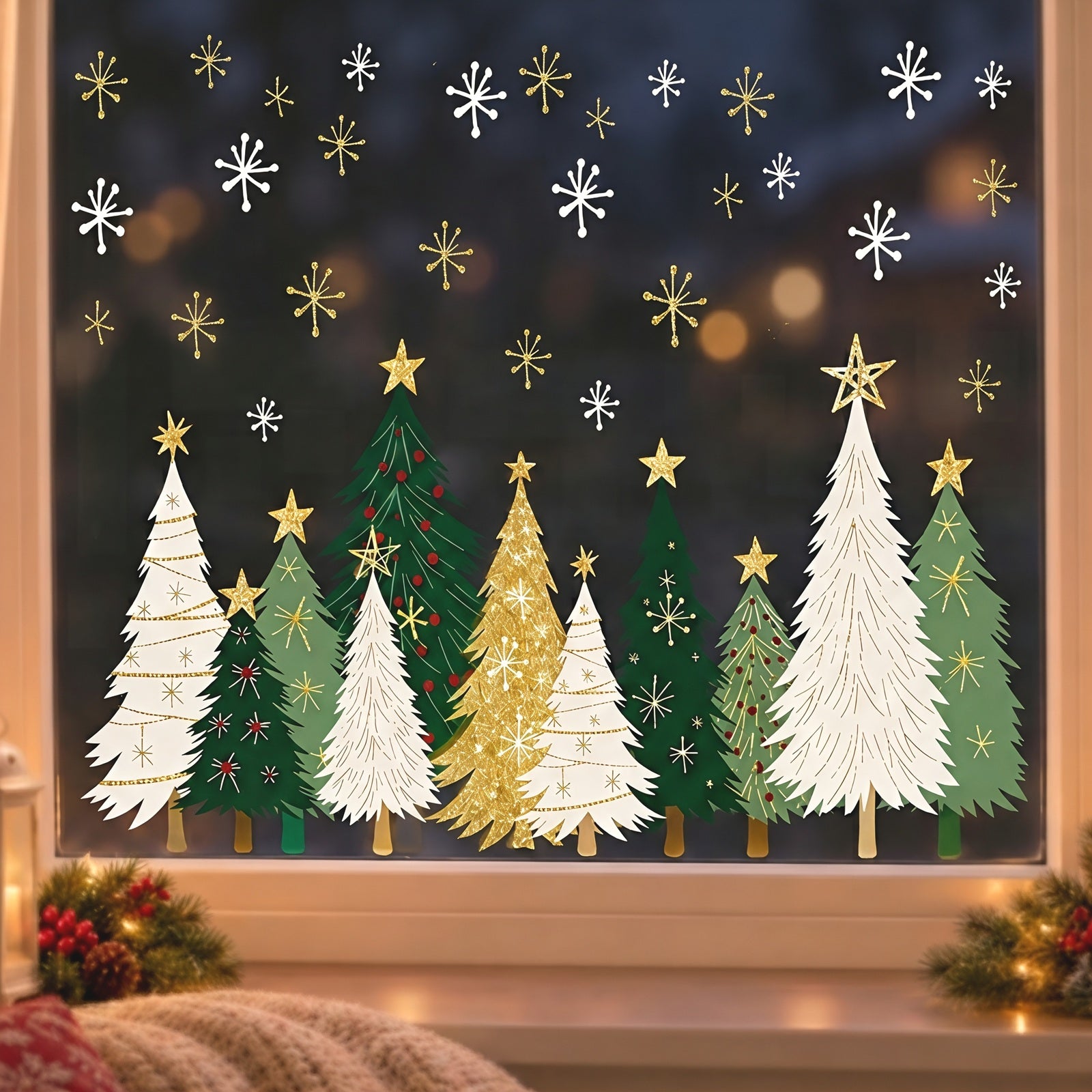 Wrapables Large Christmas Window Clings Decal Stickers, Xmas Winter Decoration for Glass Windows, (6 Sheets) Gold and Green Trees