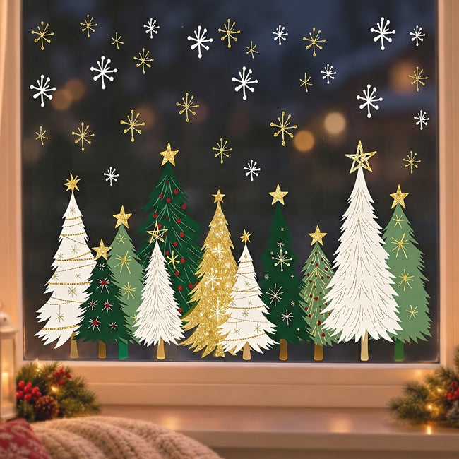 Wrapables Large Christmas Window Clings Decal Stickers, Xmas Winter Decoration for Glass Windows, (6 Sheets) Gold and Green Trees