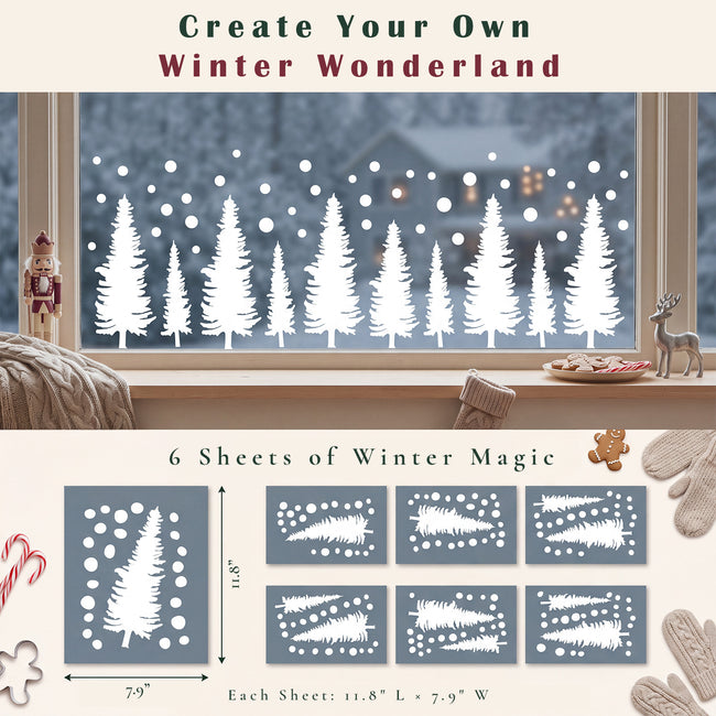 Wrapables Large Christmas Window Clings Decal Stickers, Xmas Winter Decoration for Glass Windows, (6 Sheets) White Pine Trees