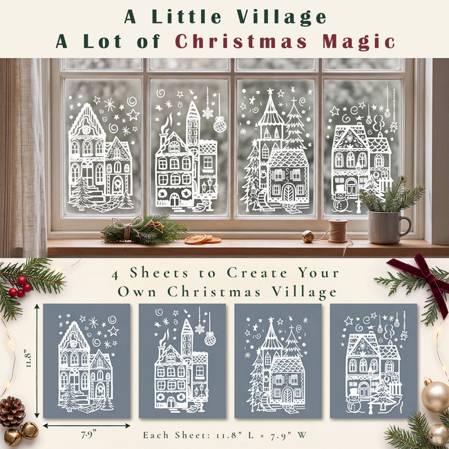 Wrapables Large Christmas Window Clings Decal Stickers, Xmas Winter Decoration for Glass Windows, (4 Sheets) Holiday Village