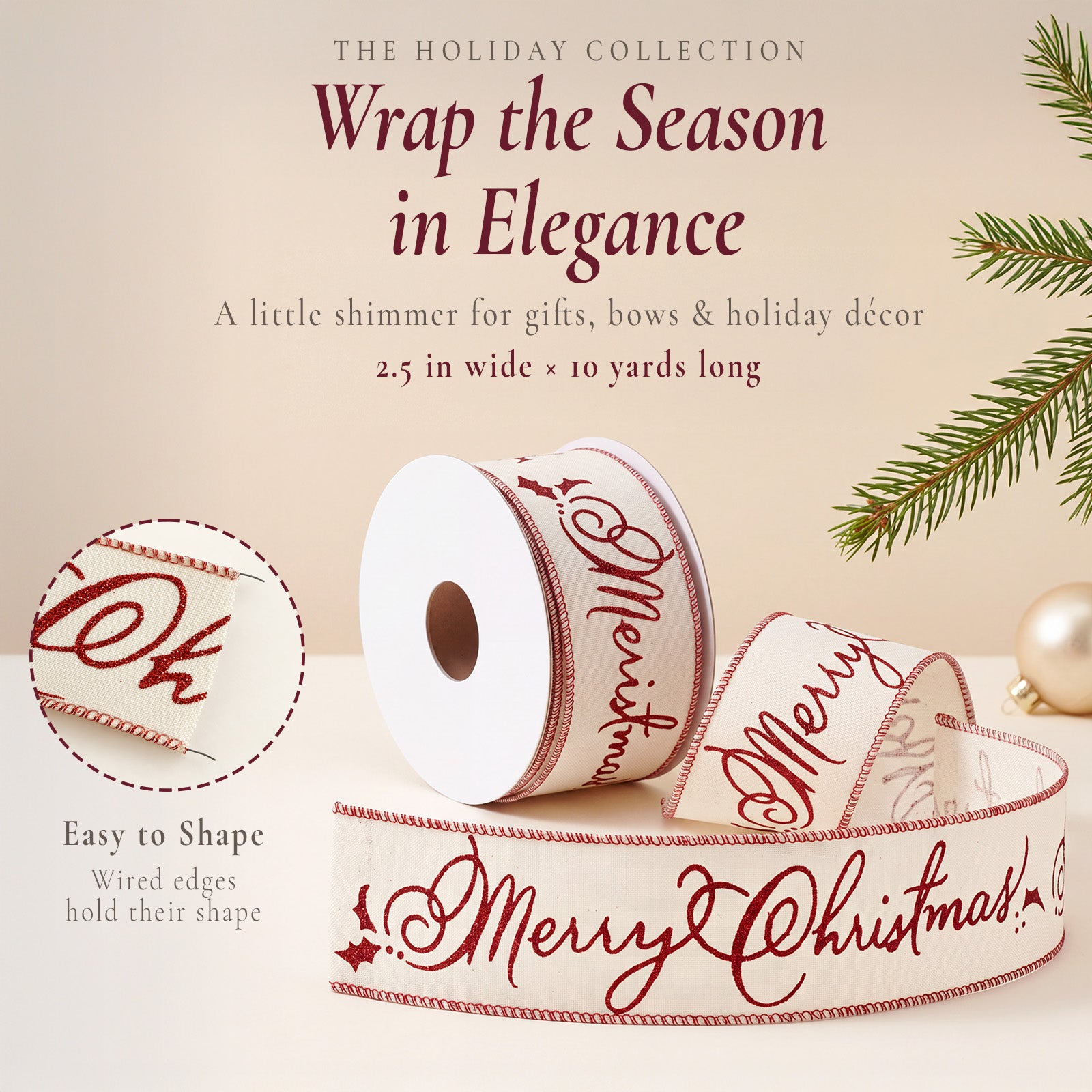 Wrapables Christmas Wired Ribbons 2.5 inch x 10 Yards, for Gift Wrapping, Bows, Wreaths, Xmas Trees, Holiday Decor, DIY Crafts, Merry Christmas