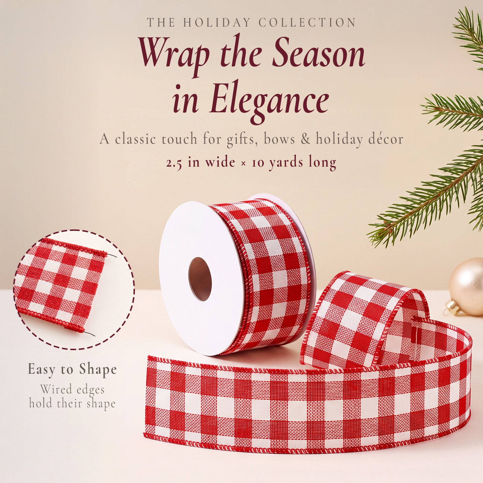 Wrapables Christmas Wired Ribbons 2.5 inch x 10 Yards, for Gift Wrapping, Bows, Wreaths, Xmas Trees, Holiday Decor, DIY Crafts, Red Plaid