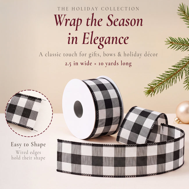 Wrapables Christmas Wired Ribbons 2.5 inch x 10 Yards, for Gift Wrapping, Bows, Wreaths, Xmas Trees, Holiday Decor, DIY Crafts, Black Plaid