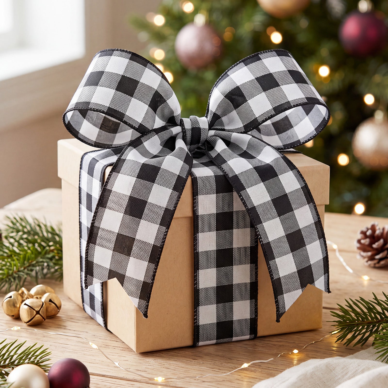 Wrapables Christmas Wired Ribbons 2.5 inch x 10 Yards, for Gift Wrapping, Bows, Wreaths, Xmas Trees, Holiday Decor, DIY Crafts, Black Plaid