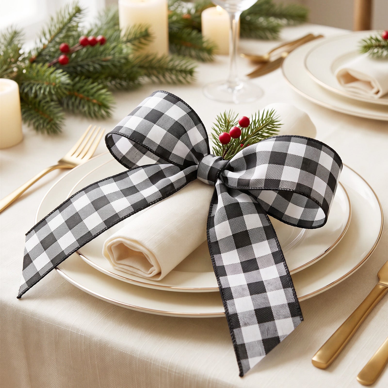 Wrapables Christmas Wired Ribbons 2.5 inch x 10 Yards, for Gift Wrapping, Bows, Wreaths, Xmas Trees, Holiday Decor, DIY Crafts, Black Plaid