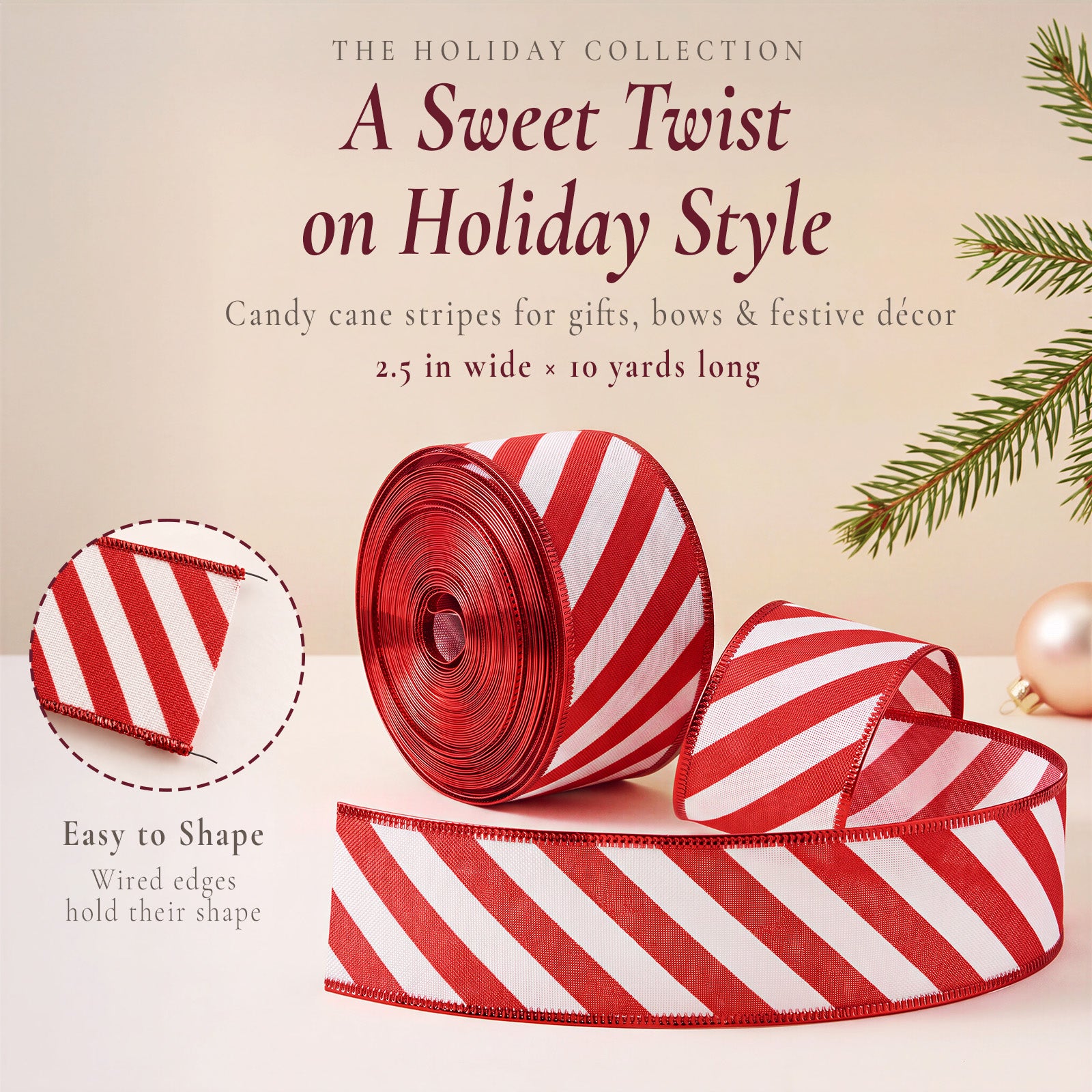 Wrapables Christmas Wired Ribbons 2.5 inch x 10 Yards, for Gift Wrapping, Bows, Wreaths, Xmas Trees, Holiday Decor, DIY Crafts, Red Stripes