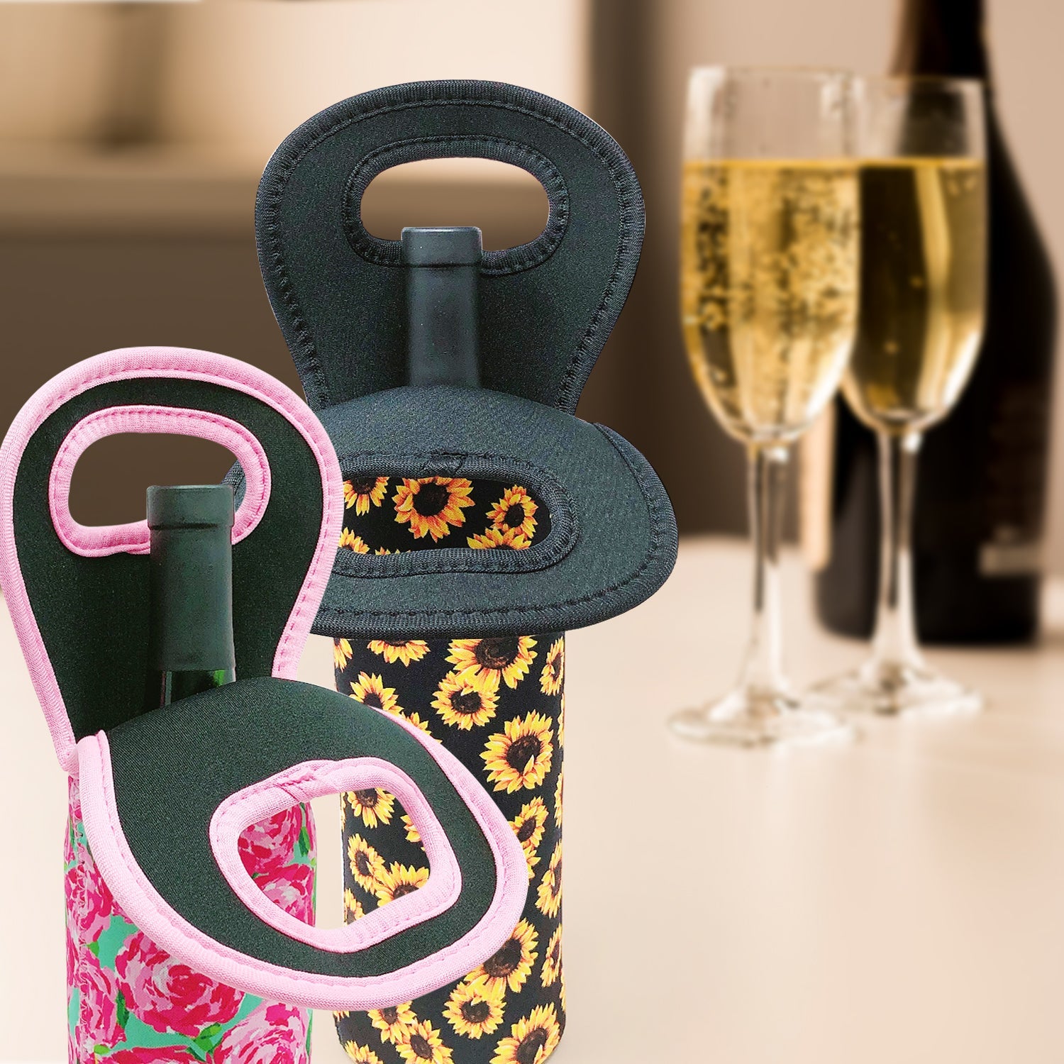 Wrapables Insulated Neoprene Wine Tote, One Bottle, Pink Roses