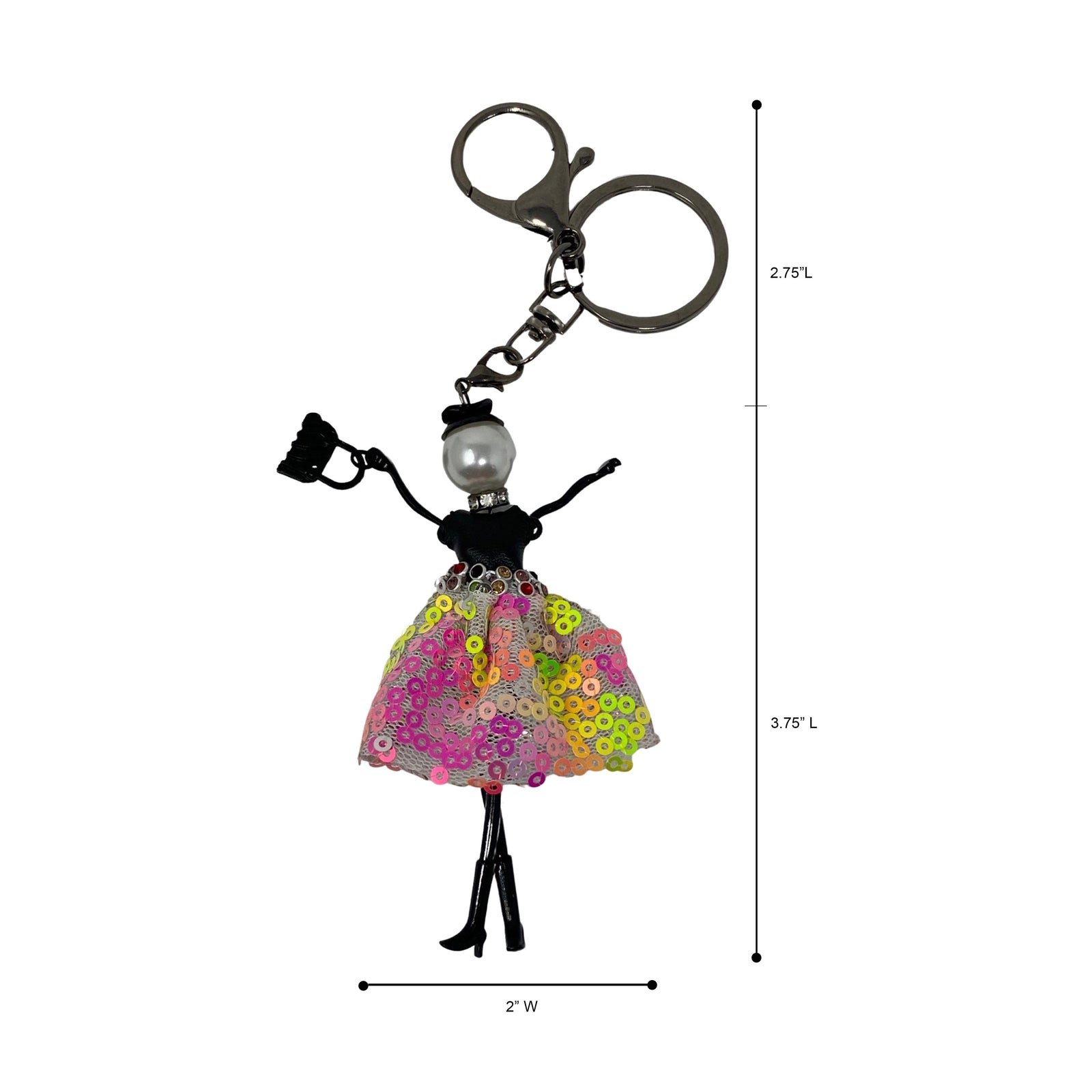 Wrapables Hanging Fashionista Doll Keychain, Crystal Rhinestone Keyring Bag Charm, Pink & Yellow Sequins