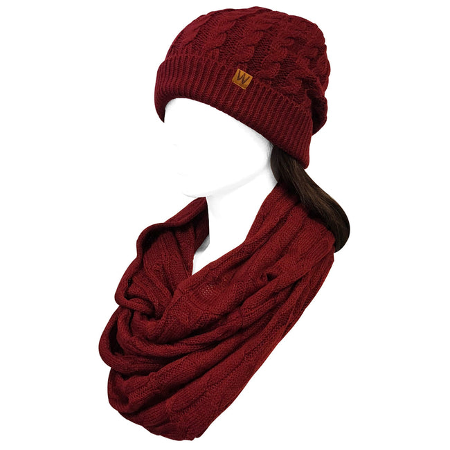 Wrapables Winter Warm Cable Knit Infinity Scarf and Beanie Set, Burgundy