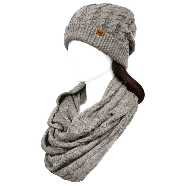 Wrapables Winter Warm Cable Knit Infinity Scarf and Beanie Set, Gray