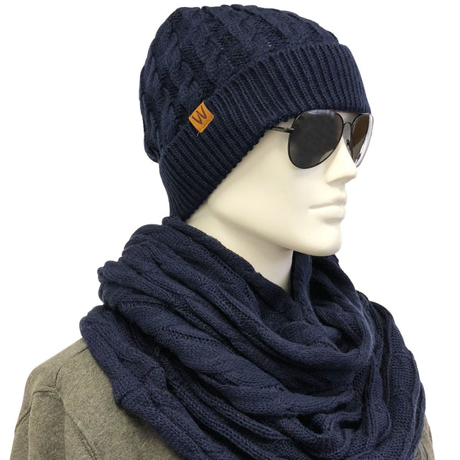 Wrapables Winter Warm Cable Knit Infinity Scarf and Beanie Set, Dark Blue