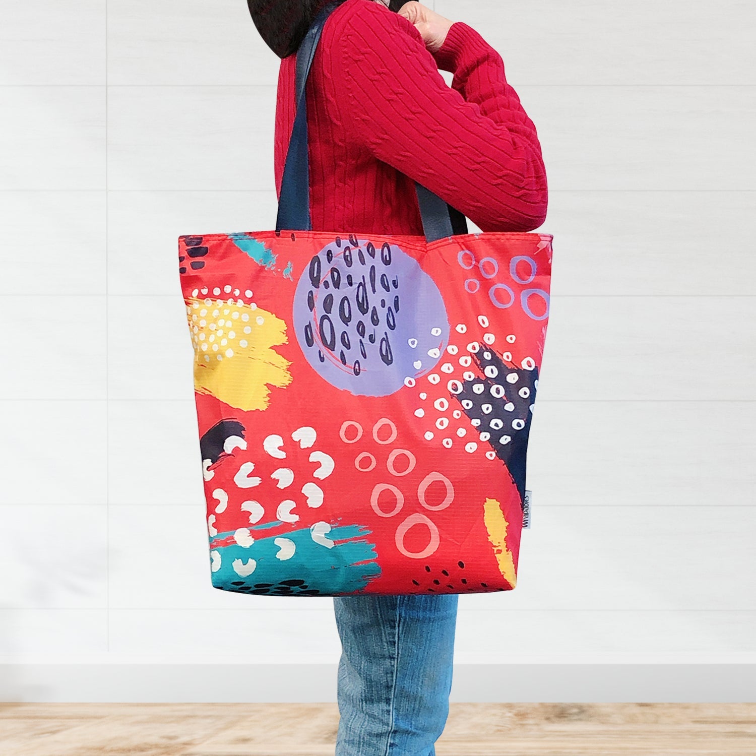 Wrapables Stylish Compact Folding Ripstop Polyester Tote Bag, Shoulder Bag, Travel Bag, Shopping Bag, Bright Retro