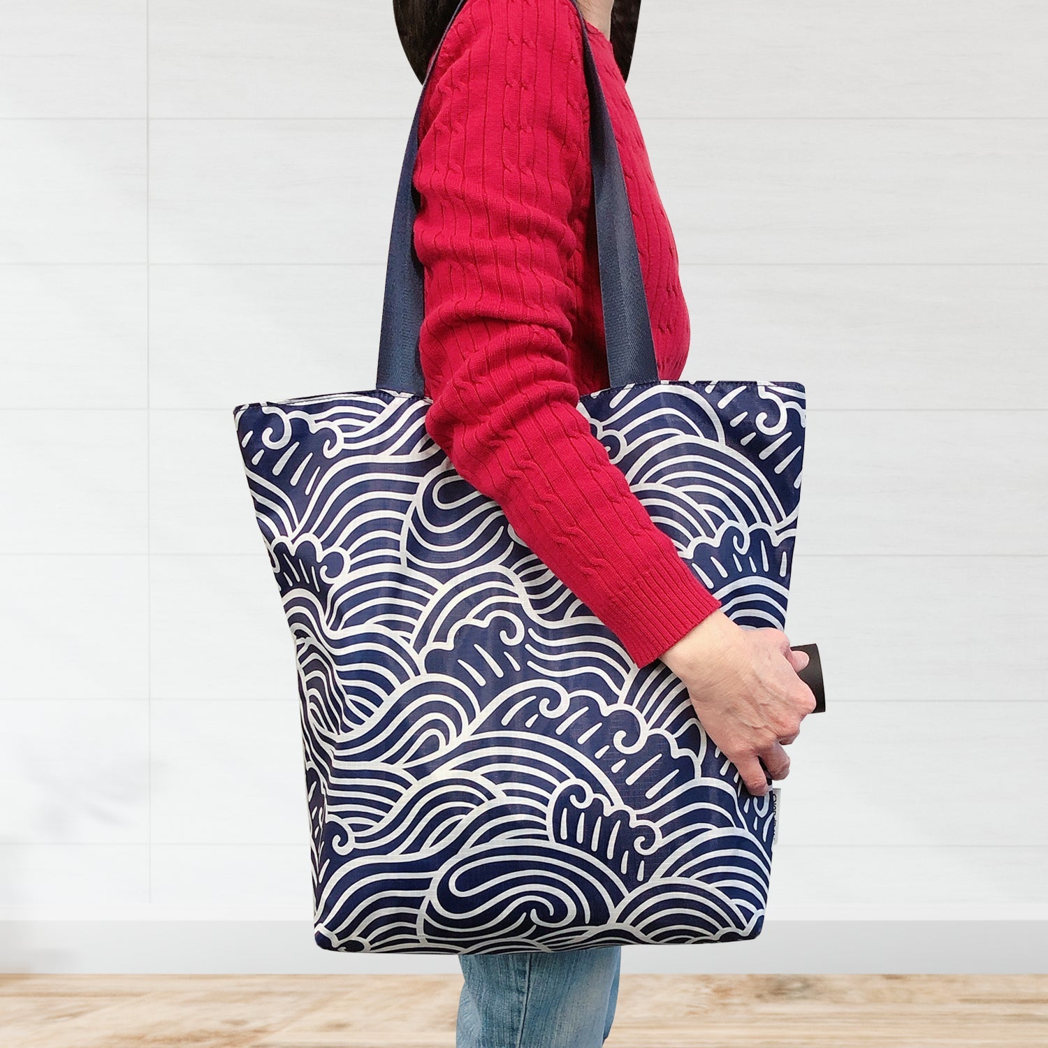 Wrapables Stylish Compact Folding Ripstop Polyester Tote Bag, Shoulder Bag, Travel Bag, Shopping Bag, Navy Swirls