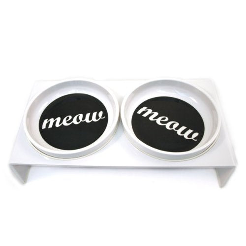 Meow Cat Bowls with Stand (12.75" x 6.5" x 3.5")