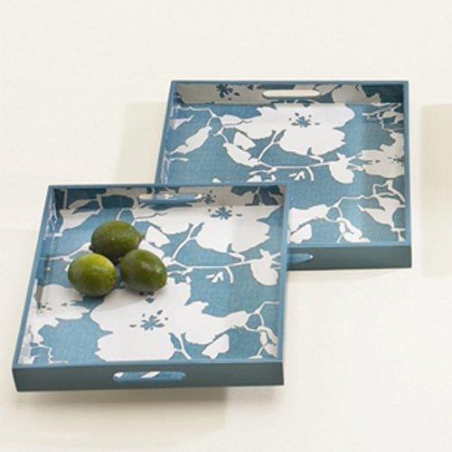 Grayce Floral Wooden Serving Trays (set of 2) - Blue/White