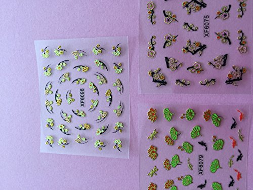 Wrapables Fingernail Stickers Nail Art Nail Stickers Self-Adhesive Nail Stickers 3D Nail Decals - Asian Inspired Lotus, Ginkgo Leaves, Cherry Blossoms & Koi (3 designs/6 sheets)