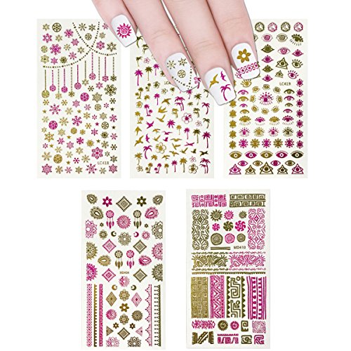 Wrapables 450+ Nail Stickers Pink & Gold Foil Nail Stickers Nail Art Henna Nail Stickers, 5 sheets - Prints