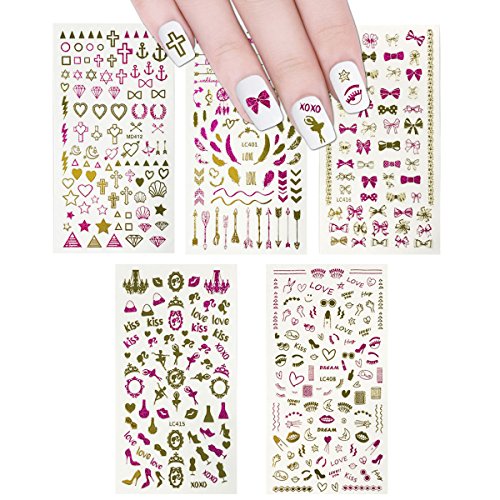 Wrapables 450+ Nail Stickers Pink & Gold Foil Nail Stickers Nail Art, 5 sheets - Love