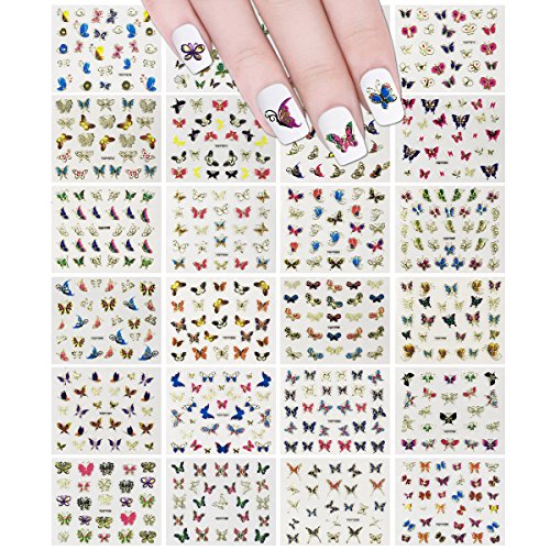 Wrapables 24 Sheets Multicolor Butterfly with Gold Trim Nail Stickers Nail Art Set (Multicolor Butterfly)