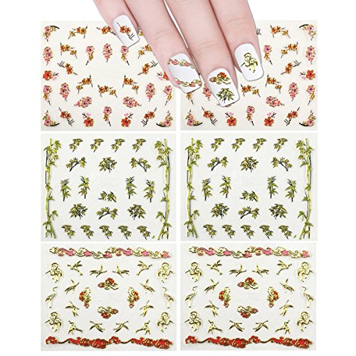 Wrapables Nail Art Self-Adhesive Nail Stickers 3D Nail Decals - Asian Inspired Cherry Blossoms, Bamboos & Cranes (3pk)