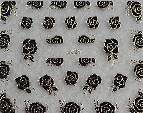 Wrapables 12 Sheets Black Flower with Gold Trim Nail Stickers Nail Art