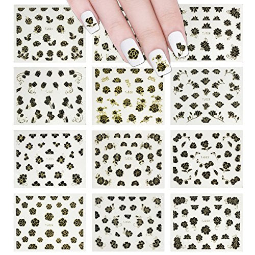 Wrapables 12 Sheets Black Flower with Gold Trim Nail Stickers Nail Art