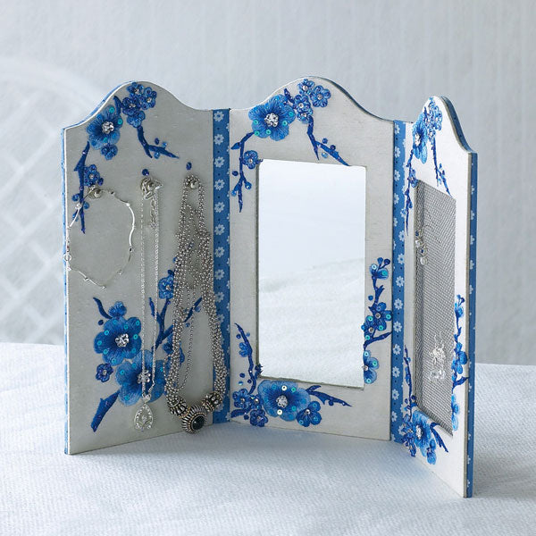 Embroidered Blue Blossoms Tri-Fold Vanity Mirror & Organizer