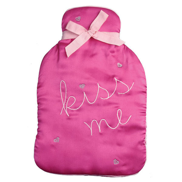 Kiss Me Diamante Hearts Satin Hot Water Bottle Cover