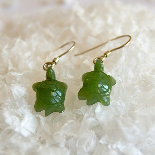 Hand Carved Nephrite Jade Turtle Earrings w/ Wooden Gift Box